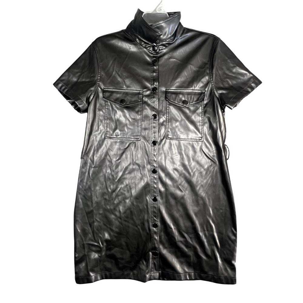 Forever 21 Women's Black Faux Leather Shirt Dress Short Sleeve Button Front L